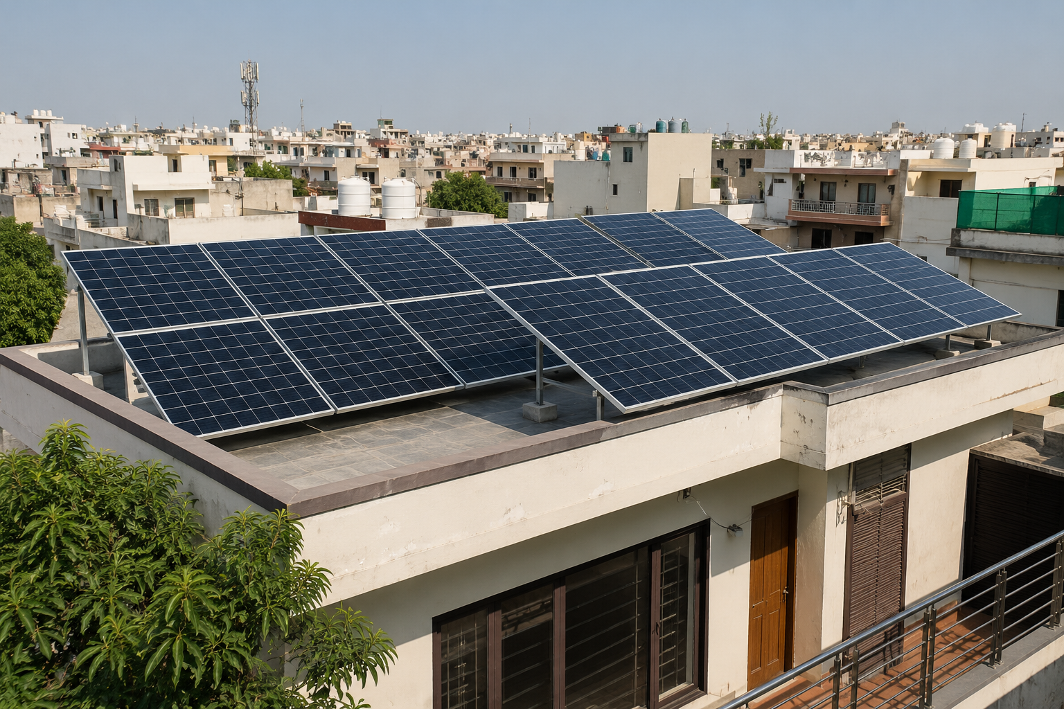 Residential solar panels on Indian home rooftop